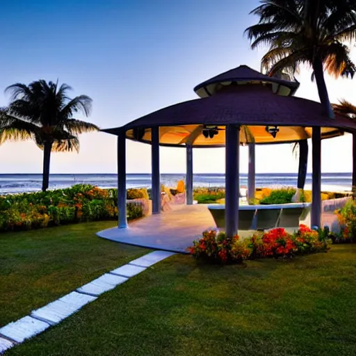 Image similar to modern beach - front house with a large gazebo, yard is full of flowers, sunset