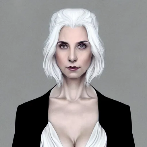 Image similar to white haired aristocrat, full body portrait, gentle, solemn face, cloth, female, city landscape, d & d, fantasy, intricate, elegant, digital painting, white grey color palette, artstation, octane render, concept art, matte, sharp focus, illustration, herrarthstone, art by artgerm and greg rutkowski and alphonse mucha