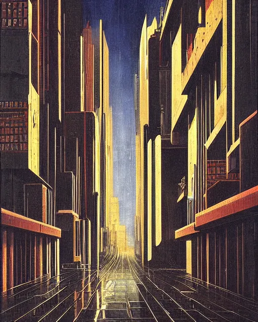 Image similar to melancholy rainy night of cyberpunk city life by de chirico