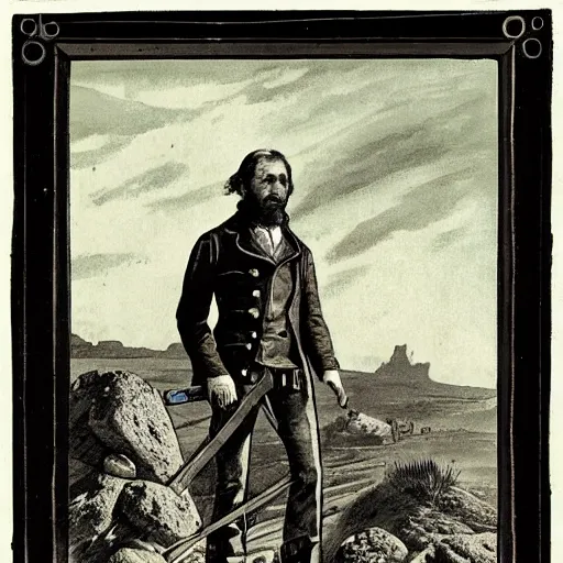 Prompt: 19th century scruffy american trapper, standing atop boulder overlooking expanse, sphinx in distance, pulp science fiction illustration