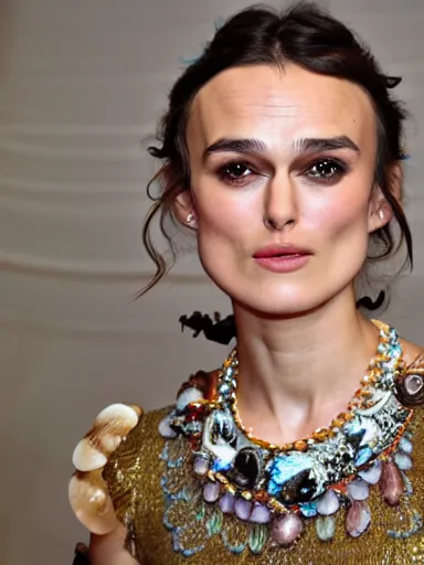 Prompt: a photograph of Keira Knightley wearing a necklace of seashells from the stage production of The Tempest taken with Nikon D3500