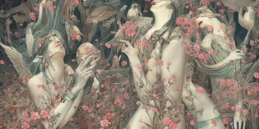 Prompt: breathtaking detailed concept art painting art deco pattern of birds goddesses amalmation flowers, by hsiao - ron cheng, bizarre compositions, exquisite detail, extremely moody lighting, 8 k