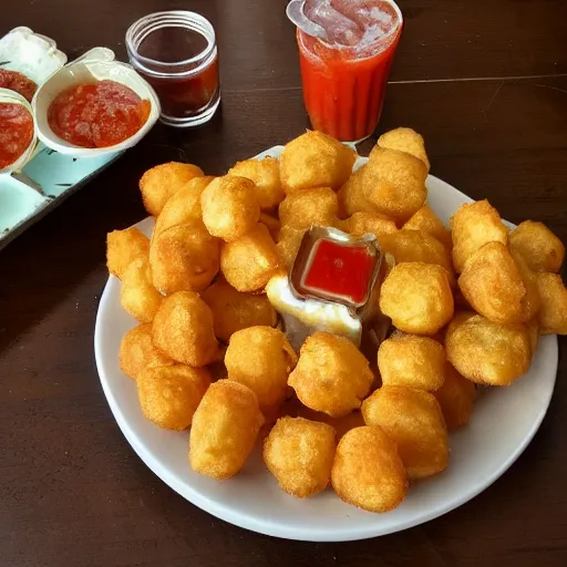 Image similar to food photo of channing tatum's face as tater tot on a plate with ketchup