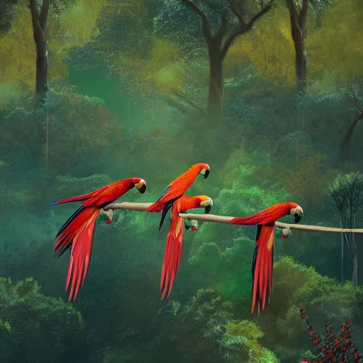 Prompt: gorgeous macaws flying at dawn through the forest get hit by beautiful light, jungle mountains in the background, sentient bird, highly detailed, ethereal macaw, heavenly lighting, digital art, trending on art station, very detailed birds