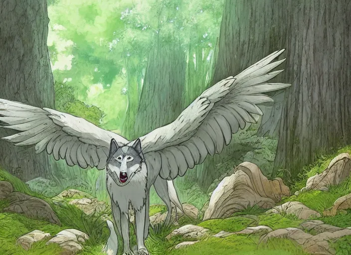 Prompt: a beautiful wolf spreading his wings in a mythical forest next to a pathway, by ghibli studio and miyasaki, illustration, great composition