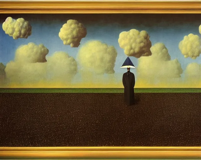 Image similar to magritte imagination. quicksand, desert sand. ancient gods of earth and rain ascend out of the ground. midnight rainstorm, bright floodlights, ancient prophecy. award winning, museum exhibit