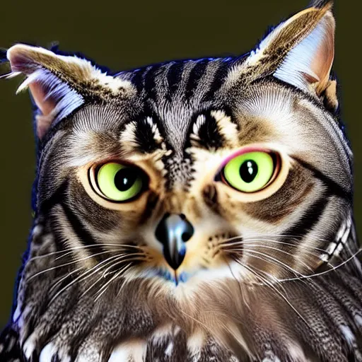 Prompt: a feline owl - cat - hybrid, animal photography