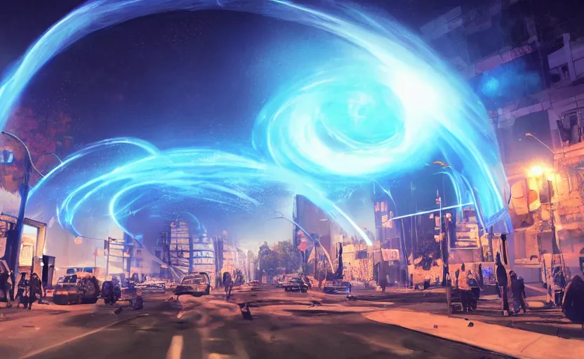 Image similar to people with posters attacking cops, a huge blue spiral - shaped white luminous attractor is floating on the horizon near the sun, stores in los angeles with light screens all over the street, concept art, art for the game, professional lighting, dark night lighting from streetlights