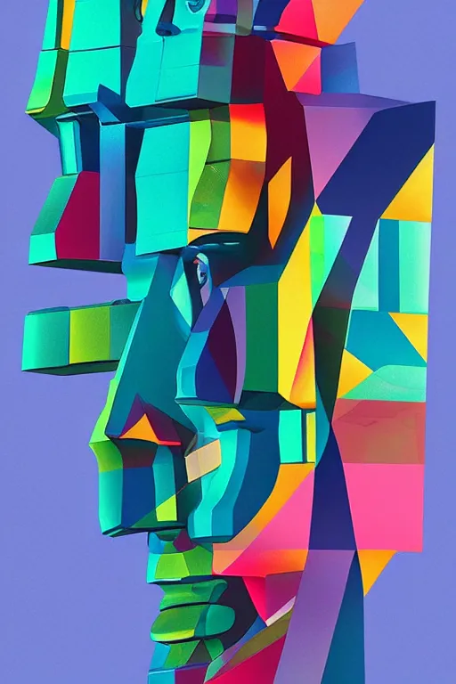 Image similar to cubist moai statue cutout digital illustration cartoon colorful beeple