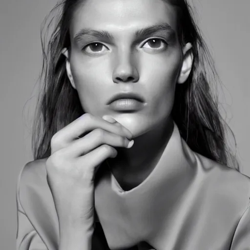 Image similar to close up of face of female fashion model sitting on chair, official jil sander editorial