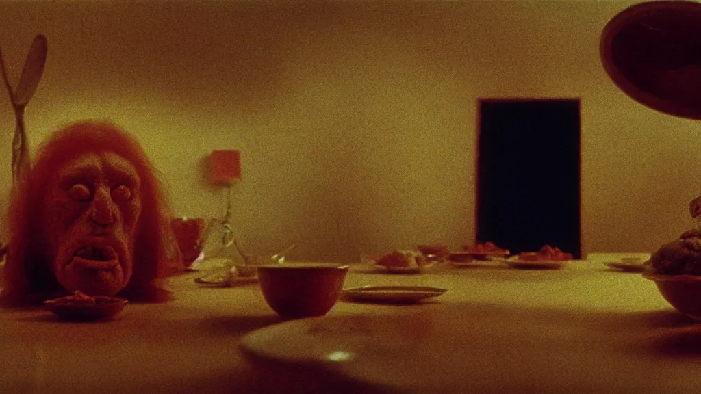 Image similar to the face with the plate of food under my bed, film still from the movie directed by denis villeneuve and david cronenberg with art direction by salvador dali and zdzisław beksinski, wide lens