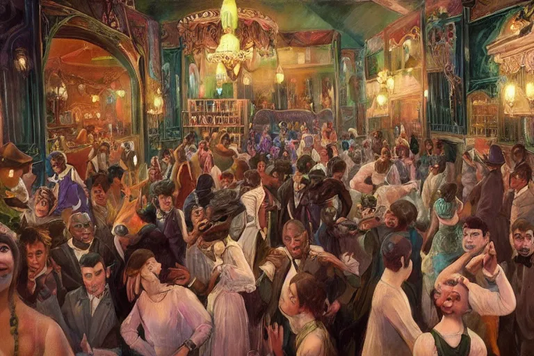 Image similar to beautiful detailed Harlem Renaissance painting painting of a 20s dancing party in ekanite bar that looks like it's from lord of the rings and bazaar by greg rutkowski, marc simonetti,Chris Achilleos,Charles Samuel Addams ,featured on artstation, ultrawide angle,f16