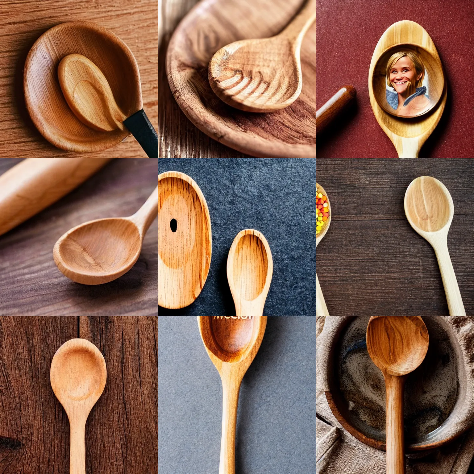 Prompt: a wooden spoon with reese witherspoons face on it, reese witherspoon face, macros shot, hyper realistic