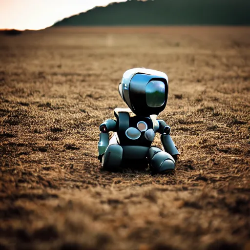 Prompt: futuristic robot bent on knees towards a burning field, photograph, smoke, dark, 8k, detailed