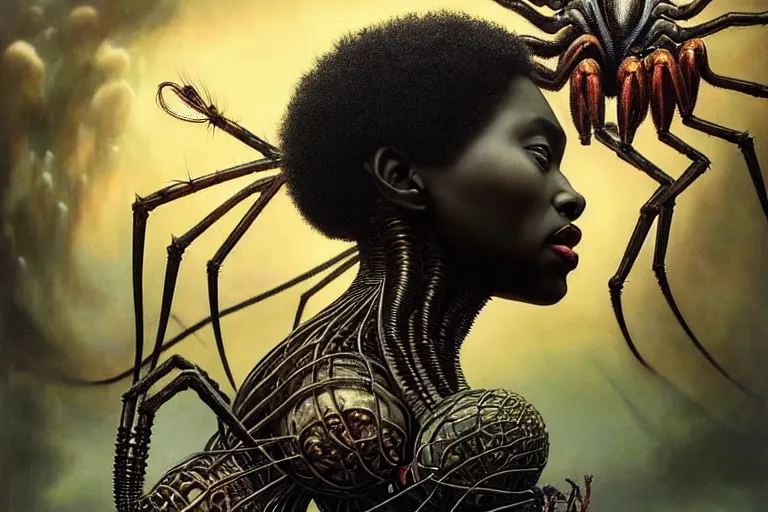 Image similar to realistic detailed portrait movie shot of a beautiful black woman riding a giant spider, dystopian city landscape background by denis villeneuve, amano, yves tanguy, alphonse mucha, max ernst, ernst haeckel, kehinde wiley, caravaggio, jean delville, david lynch, roger dean, cyber necklace, rich moody colours, sci fi patterns, dramatic, wide angle