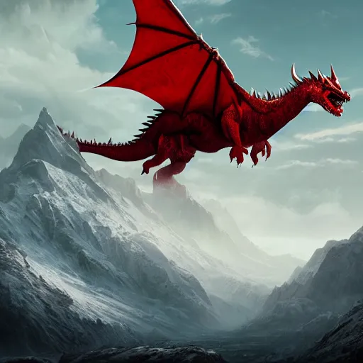 Prompt: a giant red dragon sitting on blizzardy mountains, Matte painting , detailed painting, made by Greg Rutkowski, 4k resolution, atmospheric, extremely high detail