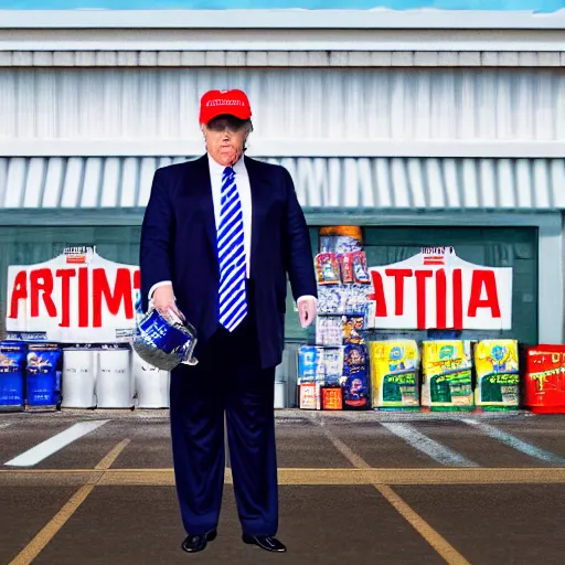 Image similar to cinematic shot of Donald Trump wearing a bucket hat and a rain jacket and shorts holding a can of Arizona Tea and standing outside of a gas station, 8k, very intricate, very detailed,
