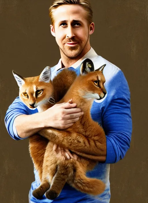 Prompt: Ryan Gosling holds a caracal cat in his hands, ultra highly detailed, smooth, sharp focus, elegant, trending on artstation