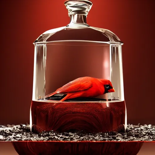 Prompt: a photorealistic photograph of a red Cardinal bird swimming inside of an Armagnac decanter at an upscale polo lounge Trending on Artstation, featured on Behance, well-rendered, Unreal Engine, 4K HD