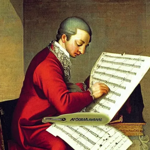 Image similar to a renaissance painting of mozart writting a piece of music on a sheet. He is staring at the sheet with one hand on his head.