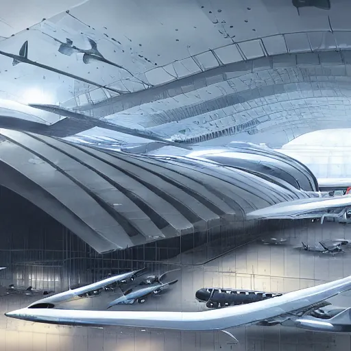 Prompt: highly advanced aircraft hangar from cinematic perspective, by feng zhu, highly detailed, sharp, concept art