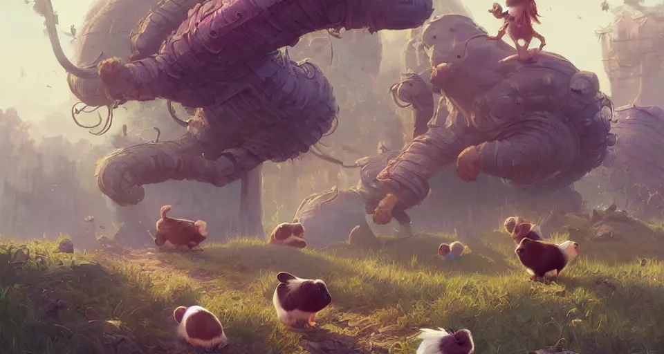 Image similar to hyper realistic cute guineapigs everywhere, by simon stalenhag, frank frazetta, greg rutkowski, beeple, christian macnevin, wlop and krenz cushart, epic fantasy character art, volumetric outdoor lighting, midday, high fantasy, cgsociety, cheerful colours, full length, exquisite detail, post - processing, masterpiece, cinematic