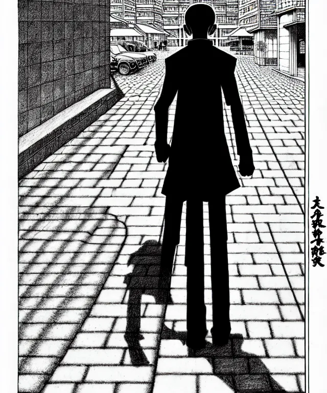 Image similar to A manga cover about a shaved-headed solo bully standing on the sidewalk. Sharp high quality manga cover, fine details, straight lines, architecture in the background, masterpiece, shading, shadows, art, highly detailed drawing by Hirohiko Araki, Akatsuki Akira, Kentaro Miura