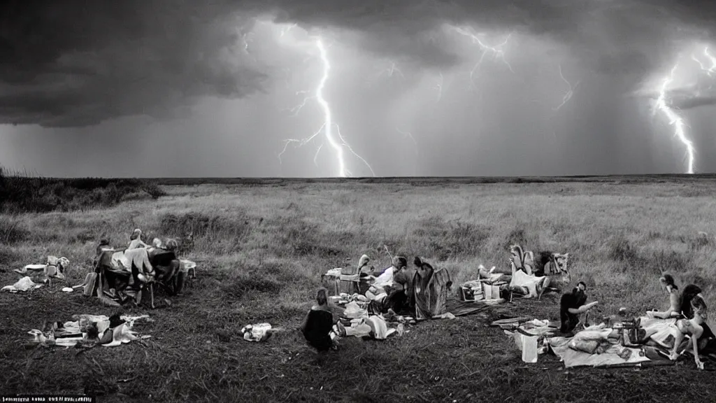 Image similar to a vision of climate change catastrophe, dark storm clouds, lightning striking, hail, hurricane winds, floods, as seen by a couple having picnic with dying nature around them, moody, dark and eerie large-format photography