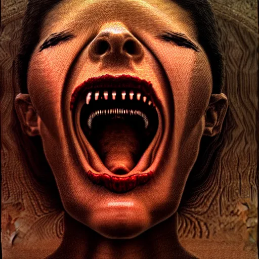 Image similar to ultra realist intricate detailed portrait of a single rugged attractive female screaming single mouth, full body, accurate features, apocalyptic, very intricate details, 8 k resolution, dim lighting, dramatic lighting, artstyle zdzisław beksinski, award winning