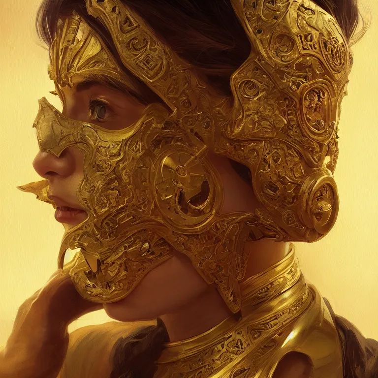 Prompt: portrait of a golden mask with three faces, D&D, fantasy, highly detailed, digital painting, artstation, smooth, sharp focus, illustration, art by artgerm and greg rutkowski and alphonse mucha