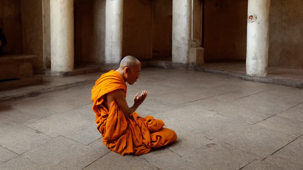 Prompt: a monk meditating on the floor