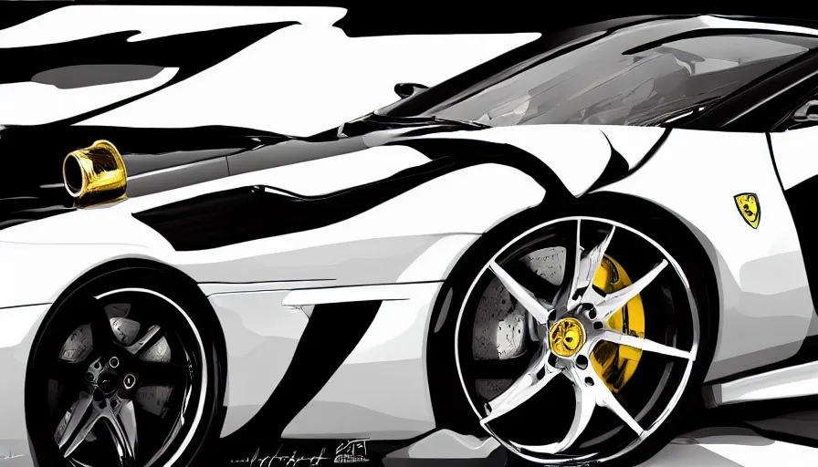 Prompt: Bright white and black Ferrari with gold wheels, hyperdetailed, artstation, cgsociety, 8k