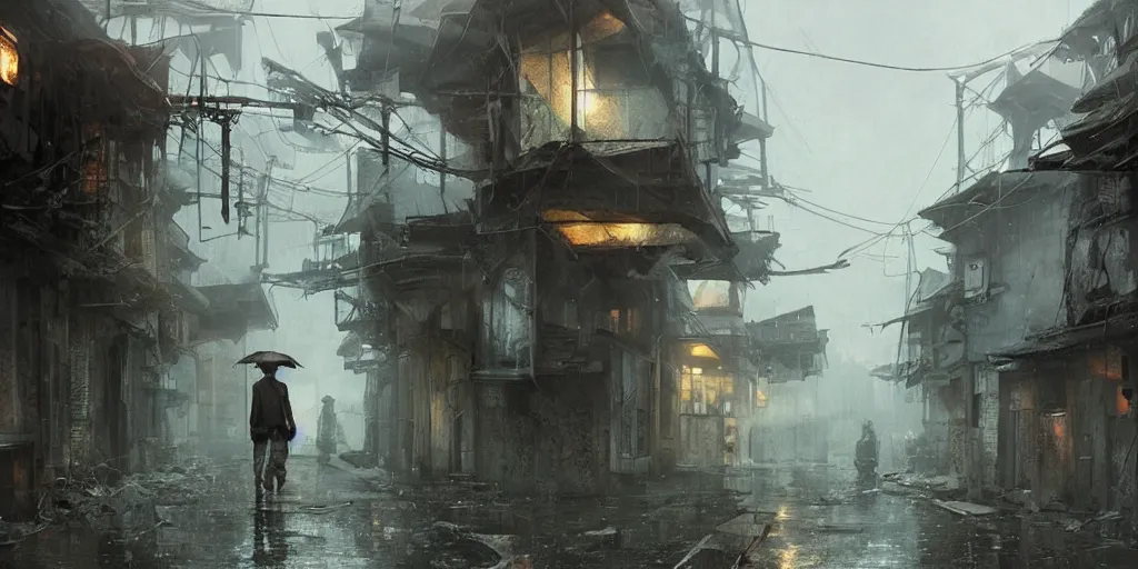 Image similar to walking around dilapidated ikeshima island, nagasaki, japan. volumetric lighting, rain, spring night, dark overcast weather, realistic illustration, perfectly shaded, soft painting, art by krenz cushart and wenjun lin