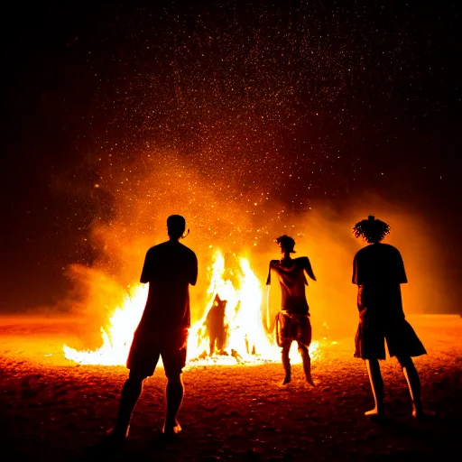 Image similar to photograph of three ravers photographed from behind, talking around a fire, photorealistic, dancefloor kismet, diverse costumes, clean composition, desert transition area, bonfire, night, australian desert, xf iq 4, symmetry, sony a 7 r, 1 5 0 mp, 5 0 mm