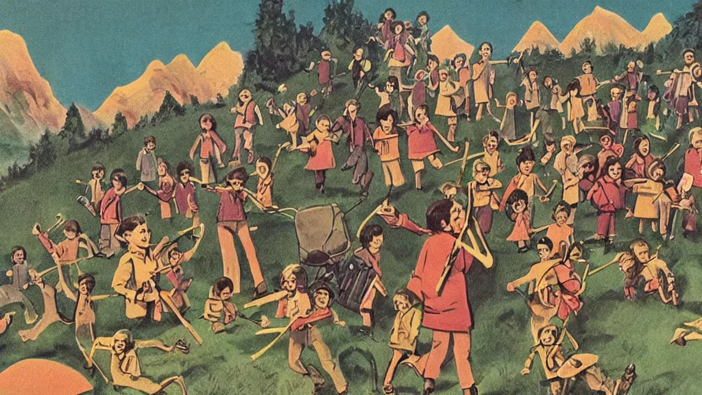 Image similar to A vintage scientific illustration from the 1970s of the Pied Piper luring hundreds of children up a hill while playing his pipe by Wes Anderson