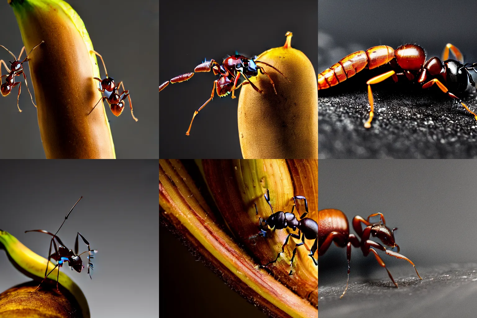 Prompt: Macro shot photo of an ant climbing a banana, studio lighting