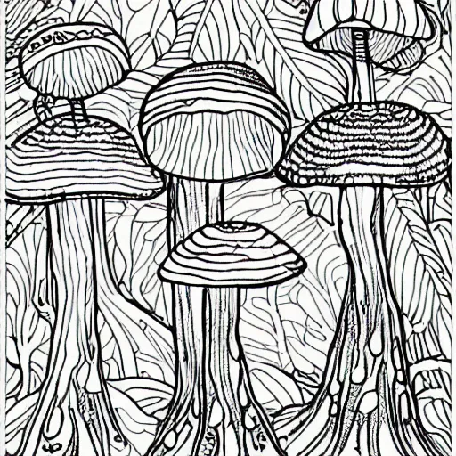 Image similar to an adult coloring page of toadstools in the forest
