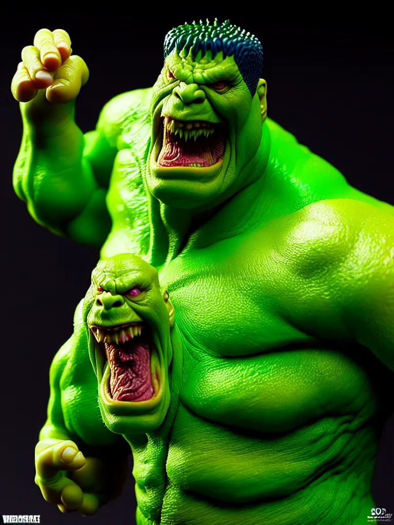 Image similar to hyperrealistic rendering, fat smooth cronenberg flesh monster hulk by bernie wrightson and killian eng and joe fenton, product photography, action figure, sofubi, studio lighting, colored gels, colored background