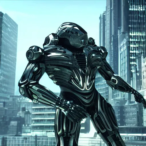 Image similar to Gigachad wearing a nanosuit fighting aliens in New York, screenshot from Crysis 4, 8k, Raytracing, Top of r/gaming