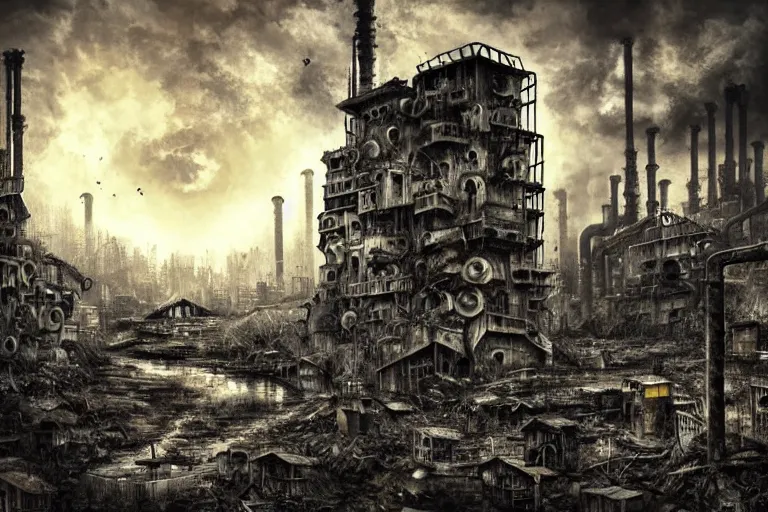 Image similar to gothic river favela honeybee hive, brutalist environment, industrial factory, apocalyptic, somber, award winning art, epic dreamlike fantasy landscape, ultra realistic,