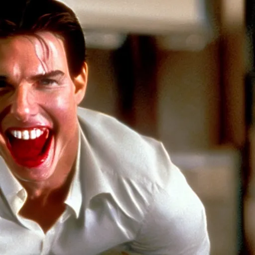 Image similar to Tom Cruise with a psychotic grin, as Patrick Bateman in American Psycho (2000)
