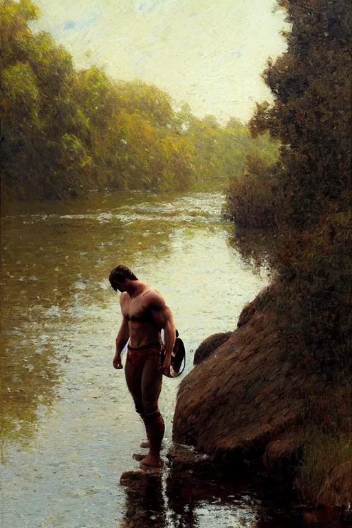 Image similar to henry cavill by river, painting by gaston bussiere, craig mullins