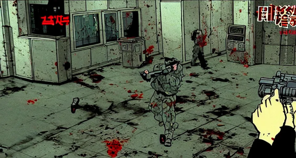 Prompt: 1995 Video Game screenshot for Akira style Anime Neo-tokyo Cyborg bank robbers vs police, Set inside of the Bank, Open Bank Vault, Multiplayer set-piece Ambush, Tactical Squads :10, Police officers under heavy fire, Suppressive fire, Pinned down, Destructible Enviorments, Gunshots, Bullet Holes and Anime Blood Splatter, :10 Gas Grenades, Riot Shields, MP5, AK45, MP7, P90, Chaos, Anime Machine Gun Fire, Gunplay, Shootout, :14 FLCL + Gunblade NY + Dynamite Cop, Cel Shaded:15, Created by Katsuhiro Otomo + Studio Gainax: 20