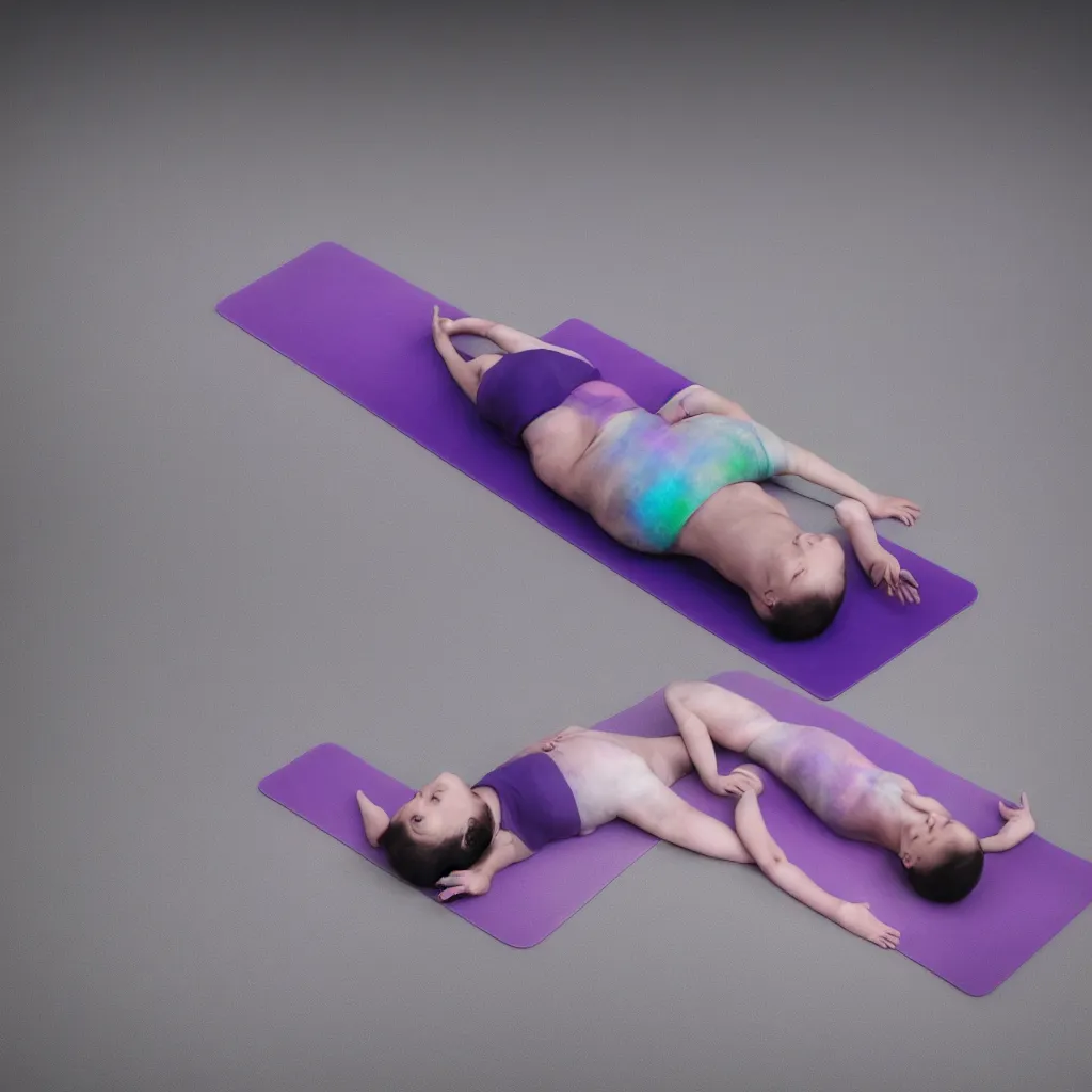 Prompt: cinestill of glitch iridiscent oil slick corpses connected by tubes to wax technical forms to a buried baby relaxing on yoga mat, faded, iridiscent gradient, purple fog, depth of field, blur, very detailed, by nadav kander and hans bellmer, 8 k, ultrarealistic, sad atmosphere, cinematic, 8 5 mm lens