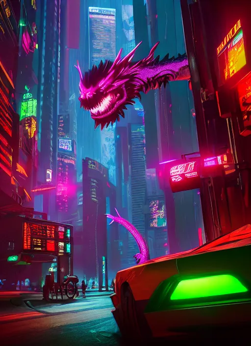 Image similar to cyberpunk neon dragon in night city, ultra detailed, trending on artstation, concept art, octane render, unreal engine,