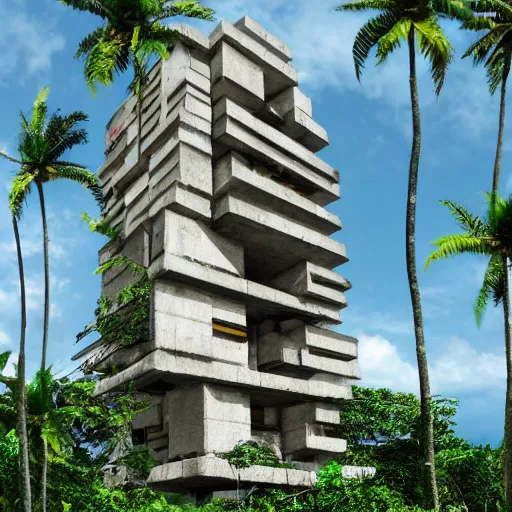 Prompt: A brutalist tower in the middle of a tropical jungle, by Brick Visual, by Luxigon