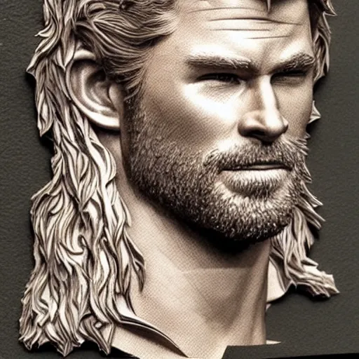 Image similar to epic detailed cnc machine carving of chris hemsworth as thor