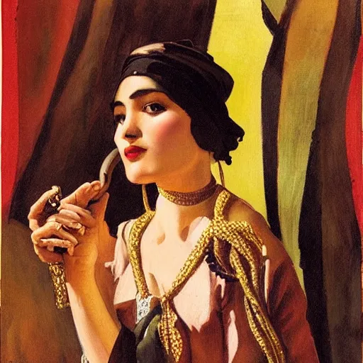 Image similar to portrait of a young snake charmer, morocco 1 9 2 0, by j. c. leyendecker, tamara de lempicka