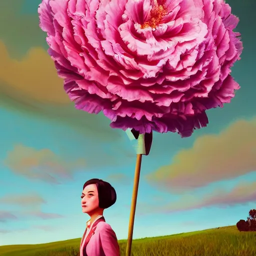 Image similar to giant carnation flower head, frontal, girl in a suit, surreal photography, sunrise, dramatic light, impressionist painting, digital painting, artstation, simon stalenhag