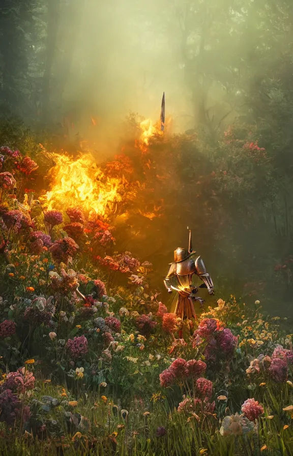 Image similar to full body image of a knight in bed of flowers in dark forest, surrounded by fire and smoke, moody, rim light, dynamic lighting, cinematic shot, gritty, ultra - detail, renderman, physically based render